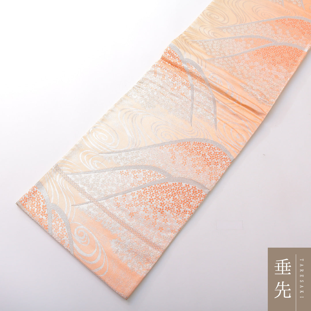袋帯 帯丈416cm 正絹 六通 セミフォーマル 遠山 流水 桜 ピンク系 1243-02145