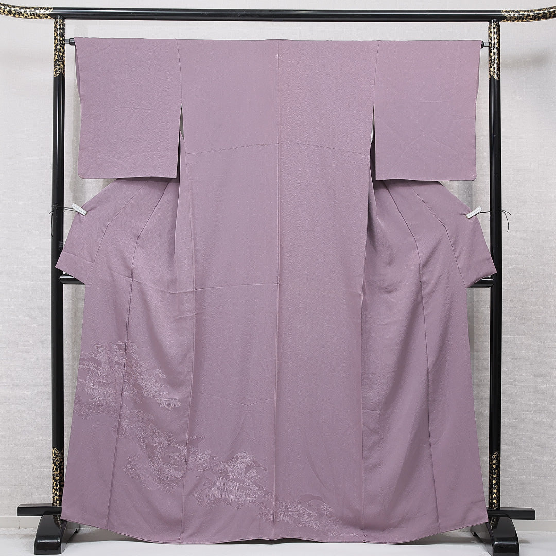 色無地 袷 身丈164cm 裄丈64cm 正絹 Aランク Lサイズ 広衿 一つ紋(五三桐) セミフォーマル 松 訪問着 紫系 1214-15667