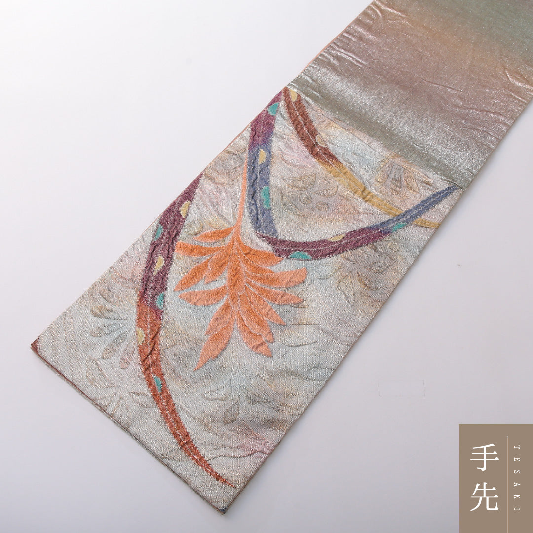 袋帯 帯丈444cm 正絹 六通 セミフォーマル 綴れ織 植物柄 銀系 1243-02030