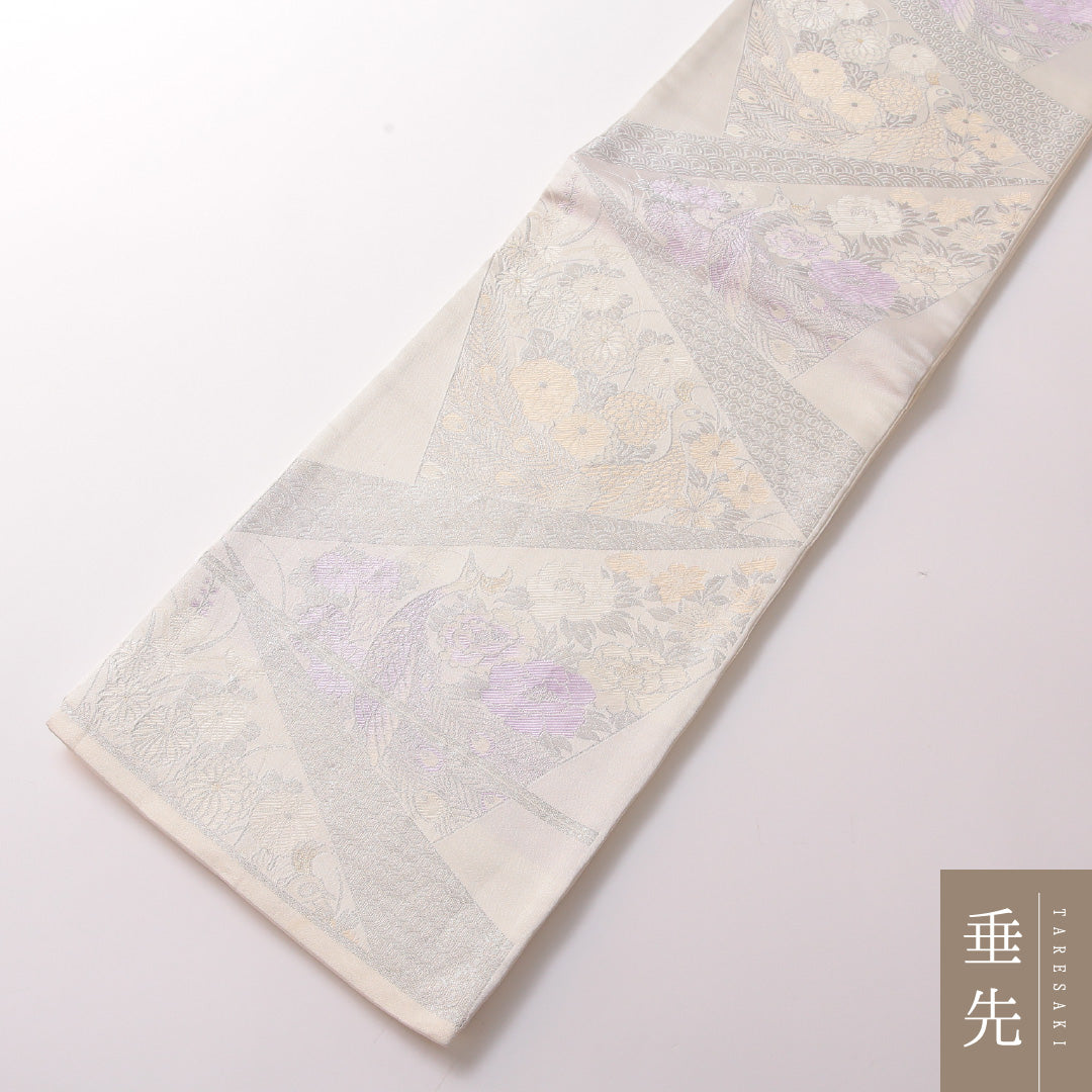 袋帯 帯丈426cm 正絹 六通 フォーマル 扇面文 鳳凰 吉祥文様 白系 銀系 1243-01783