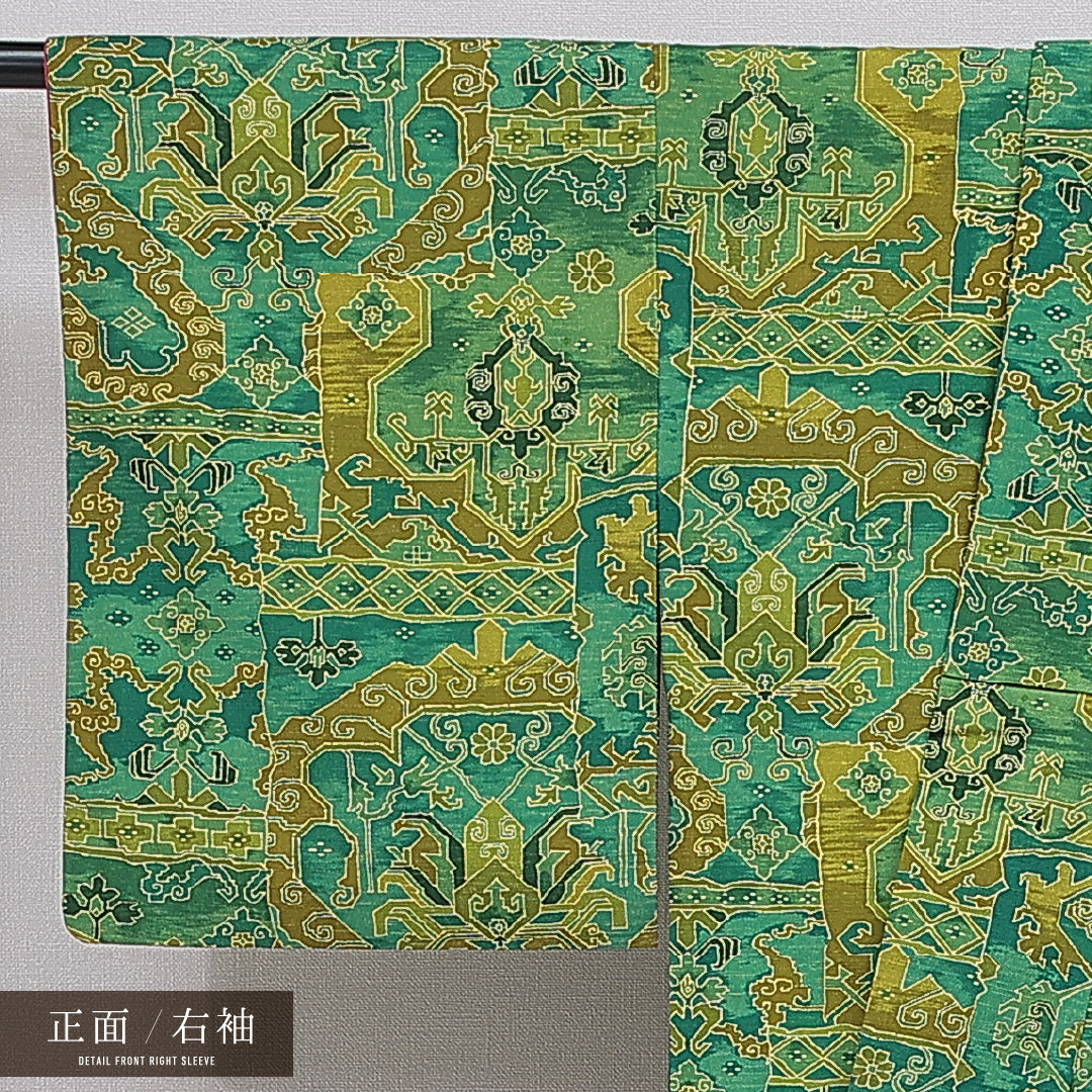 洗える着物 紬 袷 身丈159cm 裄丈62cm ポリエステル Aランク カジュアル 広衿 Mサイズ 創作柄 緑系 RP 1223-16391