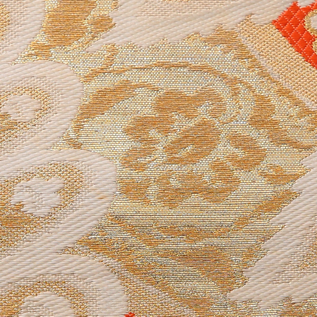 アンティーク 袋帯 帯丈412cm 六通 未仕立て 帯芯なし Cランク 正絹 植物柄 金系 1223-01991