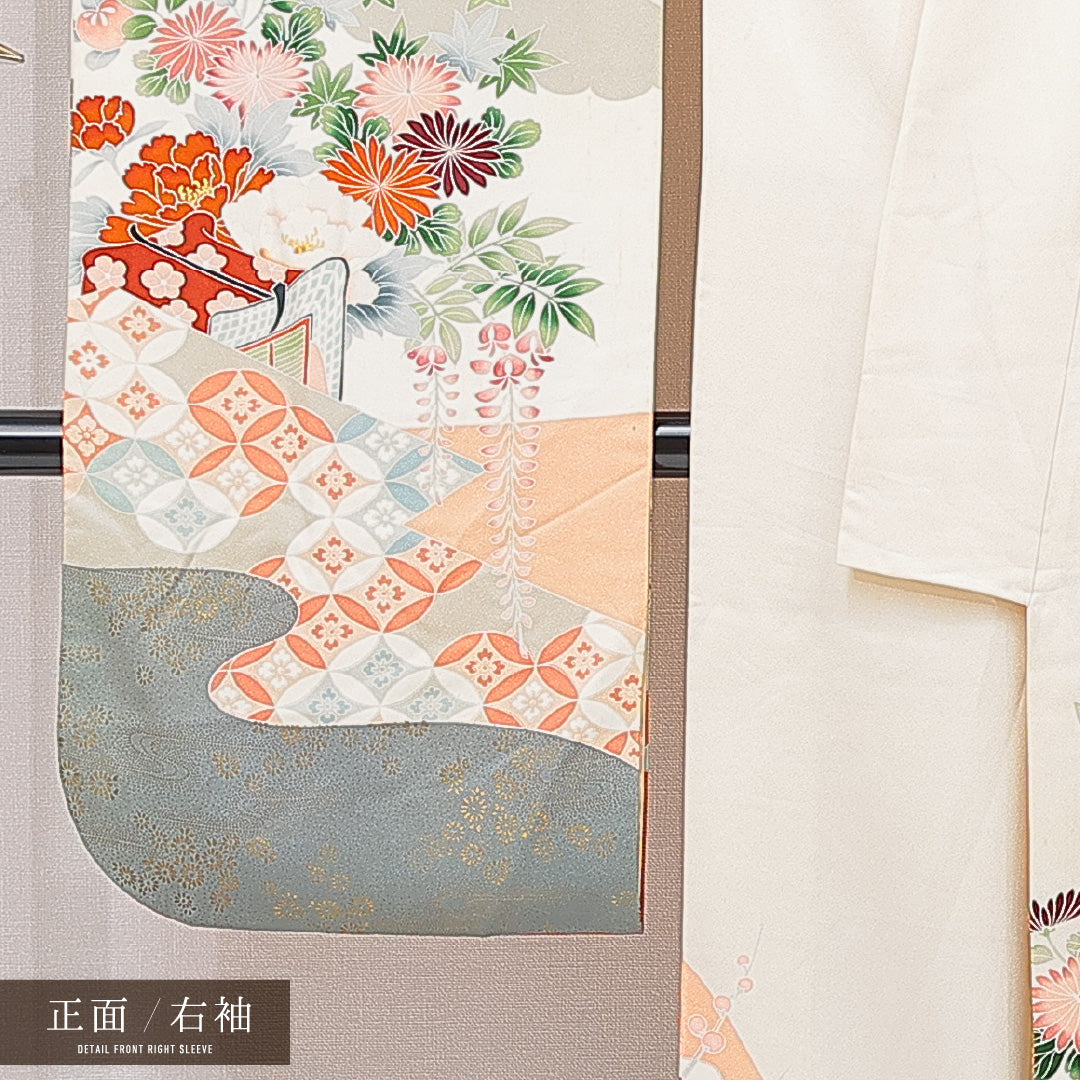 振袖 袷 身丈161cm 裄丈65cm フォーマル Cランク Lサイズ 正絹 広衿 御所車 牡丹 1213-F0686