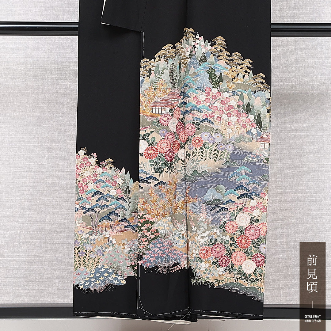 新古品 黒留袖 袷 身丈152cm 裄丈62cm 五つ紋 五三桐 フォーマル Nランク Sサイズ 正絹 比翼仕立て 広衿 御所解 菊 松 落款 しつけ糸 1211-F0634