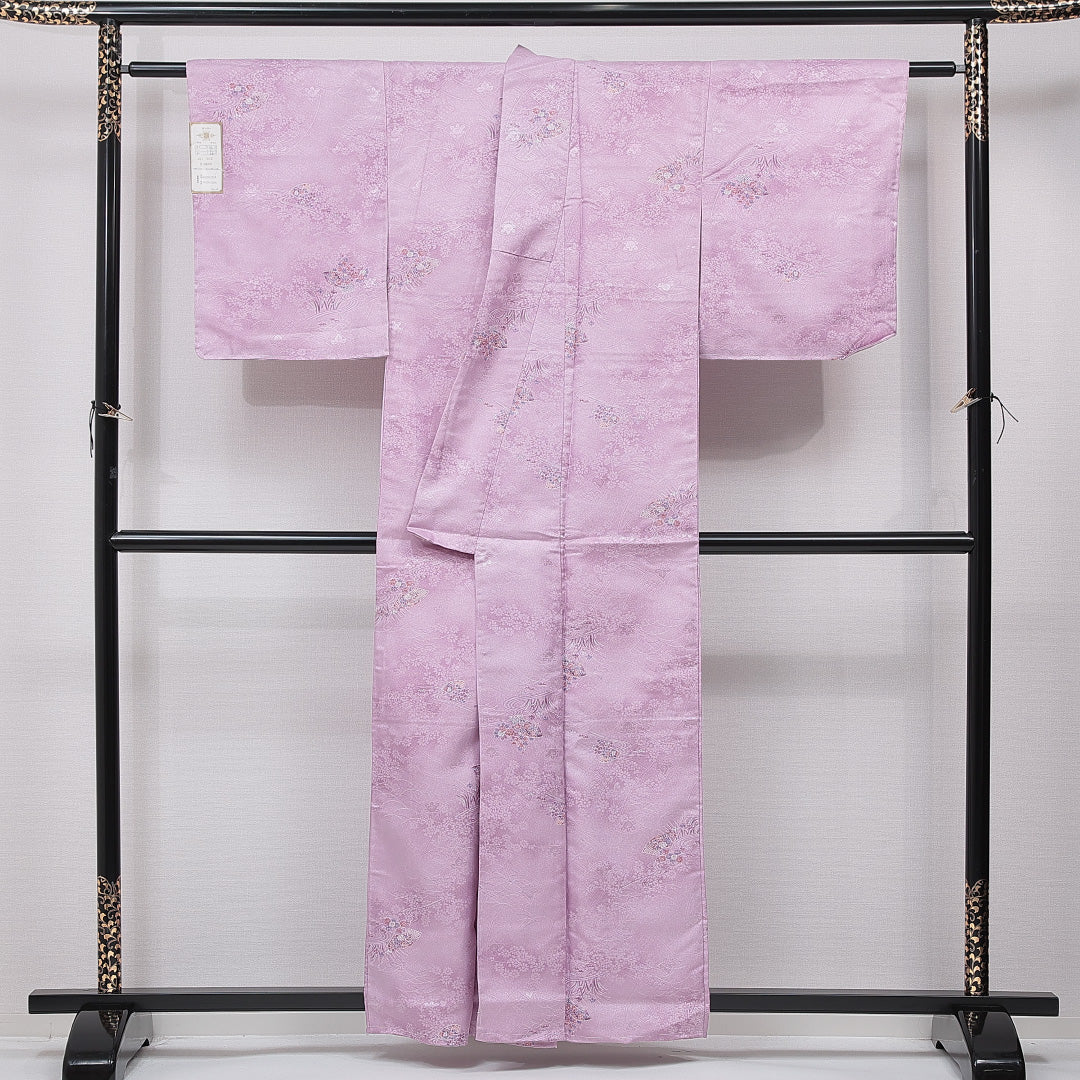 新古品 小紋 洗える着物 袷 身丈158cm 裄丈65cm ポリエステル Nランク Mサイズ 広衿 インフォーマル 吉祥文様 菊 紫系 1215-15788
