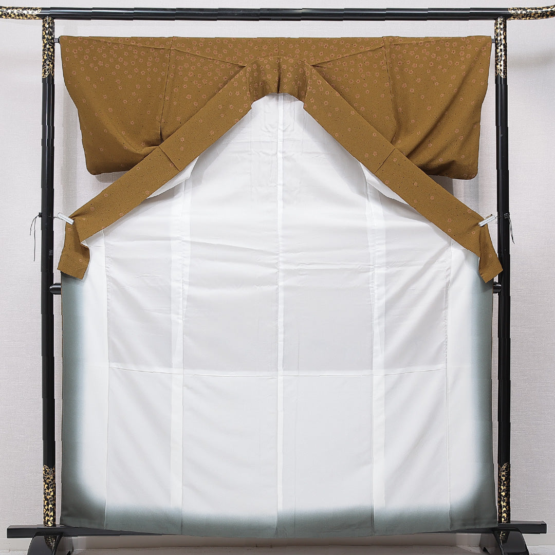 付下げ 洗える着物 袷 身丈165cm 裄丈66cm ポリエステル Sランク XLサイズ 広衿 インフォーマル 梅 笹 茶系 1261-15677