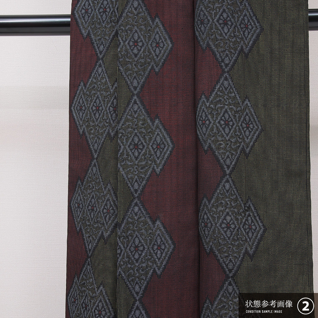 アンティーク 紬 袷 身丈149cm 裄丈62cm 正絹 Bランク XSサイズ バチ衿 抽象柄 緑系 赤系 1216-15050