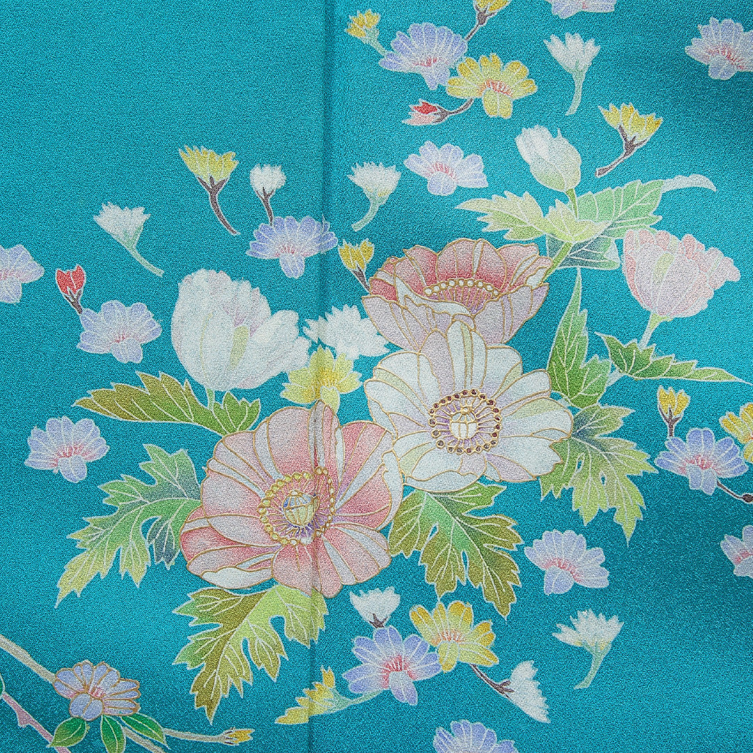 訪問着 洗える着物 袷 身丈163cm 裄丈67cm ポリエステル Cランク Lサイズ 広衿 セミフォーマル 牡丹 青系 緑系 1212-15678