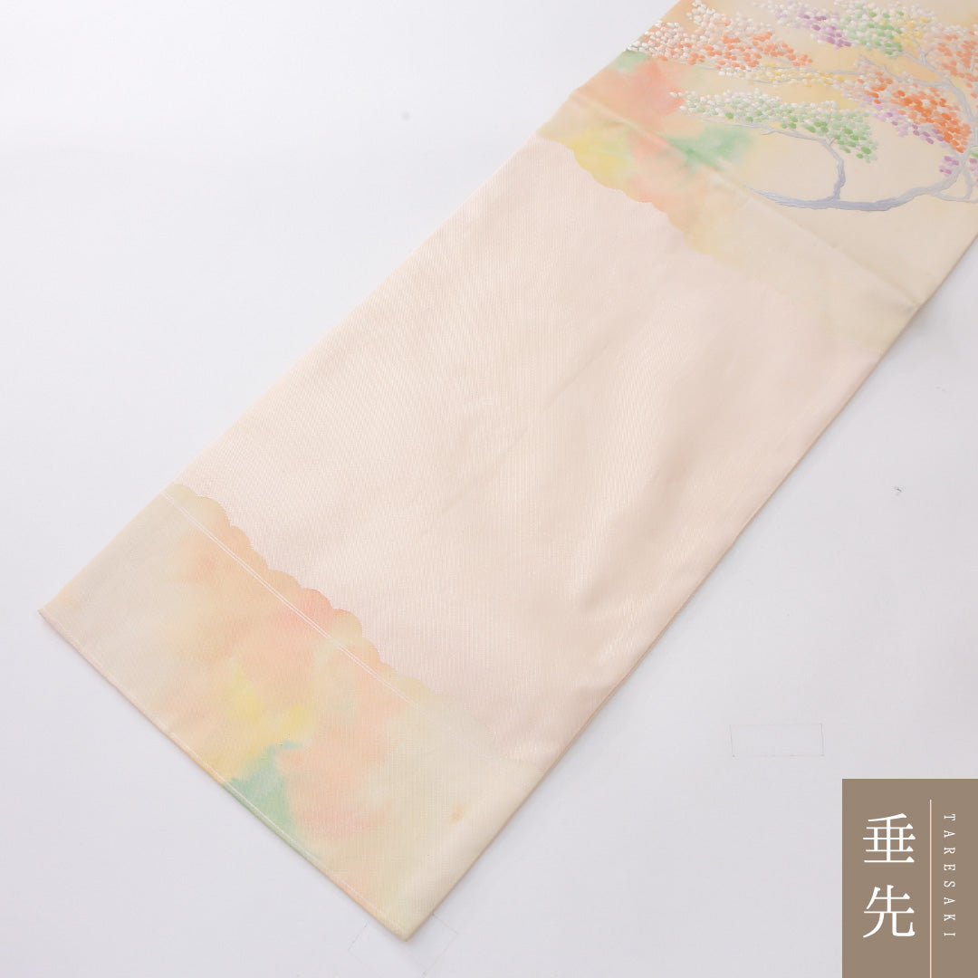 九寸名古屋帯 Aランク 帯丈368cm 正絹 ポイント柄 名古屋仕立て 織り インフォーマル 植物柄 クリーム系 RP 1245-04052
