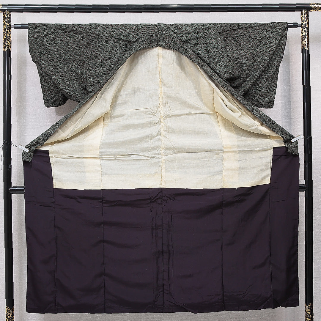 アンティーク 小紋 袷 身丈148cm 裄丈60cm 正絹 Cランク XSサイズ バチ衿 創作柄 緑系 1215-15684