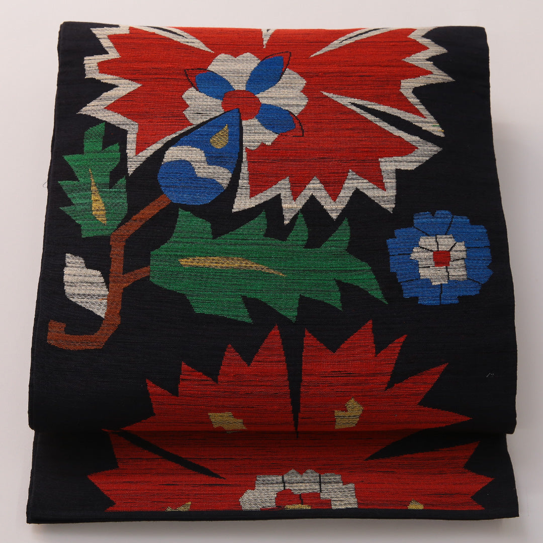 袋帯 帯丈424cm カジュアル 六通 帯芯なし Sランク 正絹 花柄 紺系 1223-01906