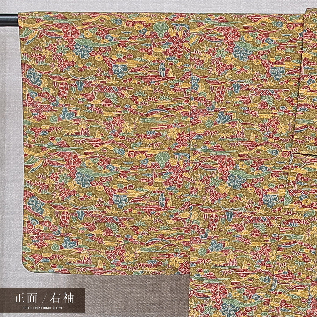 未使用品 小紋 袷 身丈156cm 裄丈64cm 正絹 Nランク インフォーマル バチ衿 Mサイズ 植物柄 緑系 RP 1221-15362