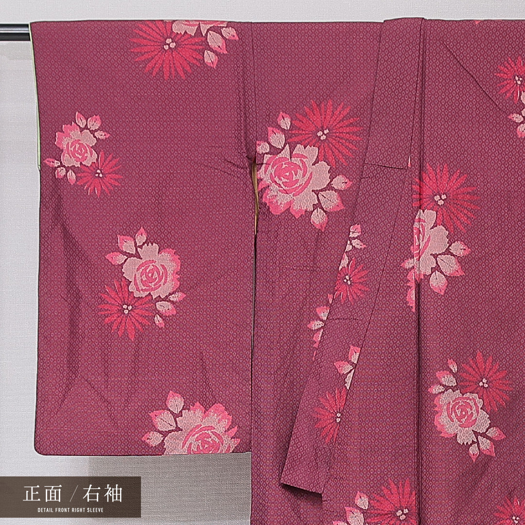 アンティーク お召 袷 身丈147cm 裄丈62cm 正絹 Aランク バチ衿 XSサイズ 薔薇 赤系 M4 1222-15141