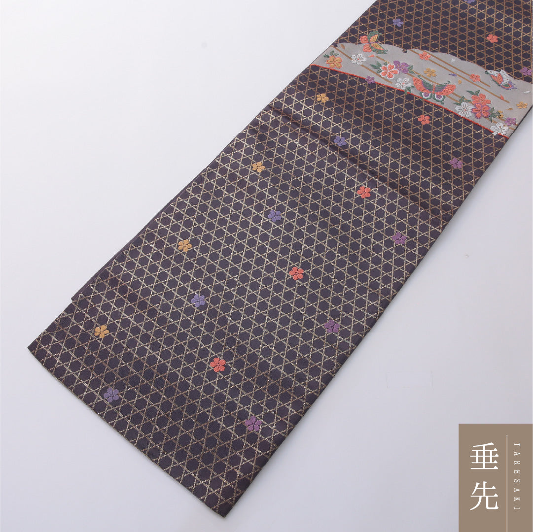 九寸名古屋帯 帯丈364cm セミフォーマル 開き仕立て 全通 Aランク ポリエステル 蝶 桜 グレー系 紫系 1224-03281