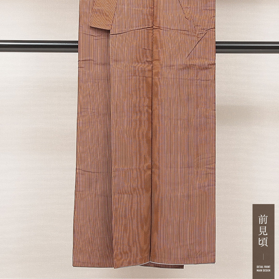 紬 袷 身丈146cm 裄丈60cm 正絹 Cランク カジュアル バチ衿 XSサイズ 縞 茶系 HP 1223-16922