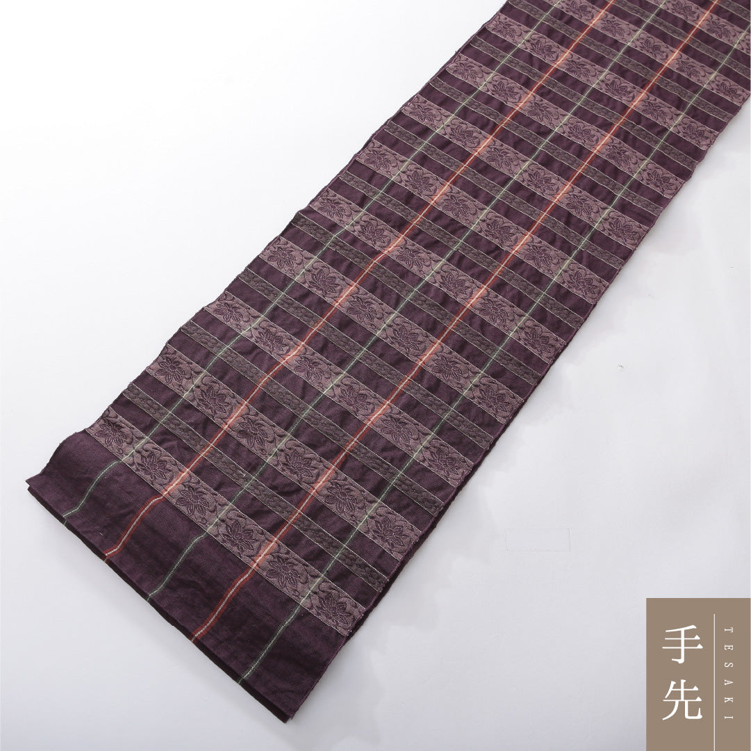 八寸名古屋帯 帯丈306cm カジュアル 開き仕立て 全通 Aランク 正絹 ふくれ織 唐華 紫系 1224-03921