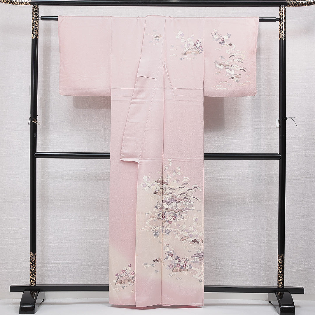 訪問着 袷 身丈161cm 裄丈61cm 正絹 Cランク セミフォーマル 広衿 Lサイズ 茶屋辻 古典的 華やか ピンク系 HP 1217-15502