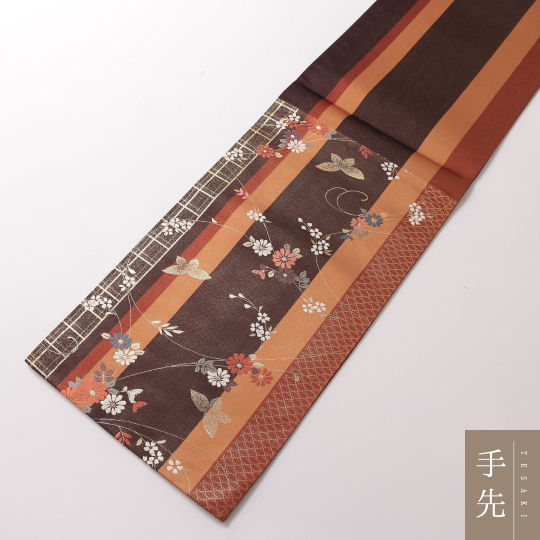 袋帯 帯丈444cm 正絹 六通 セミフォーマル 蝶 桜 多色系 1243-01861