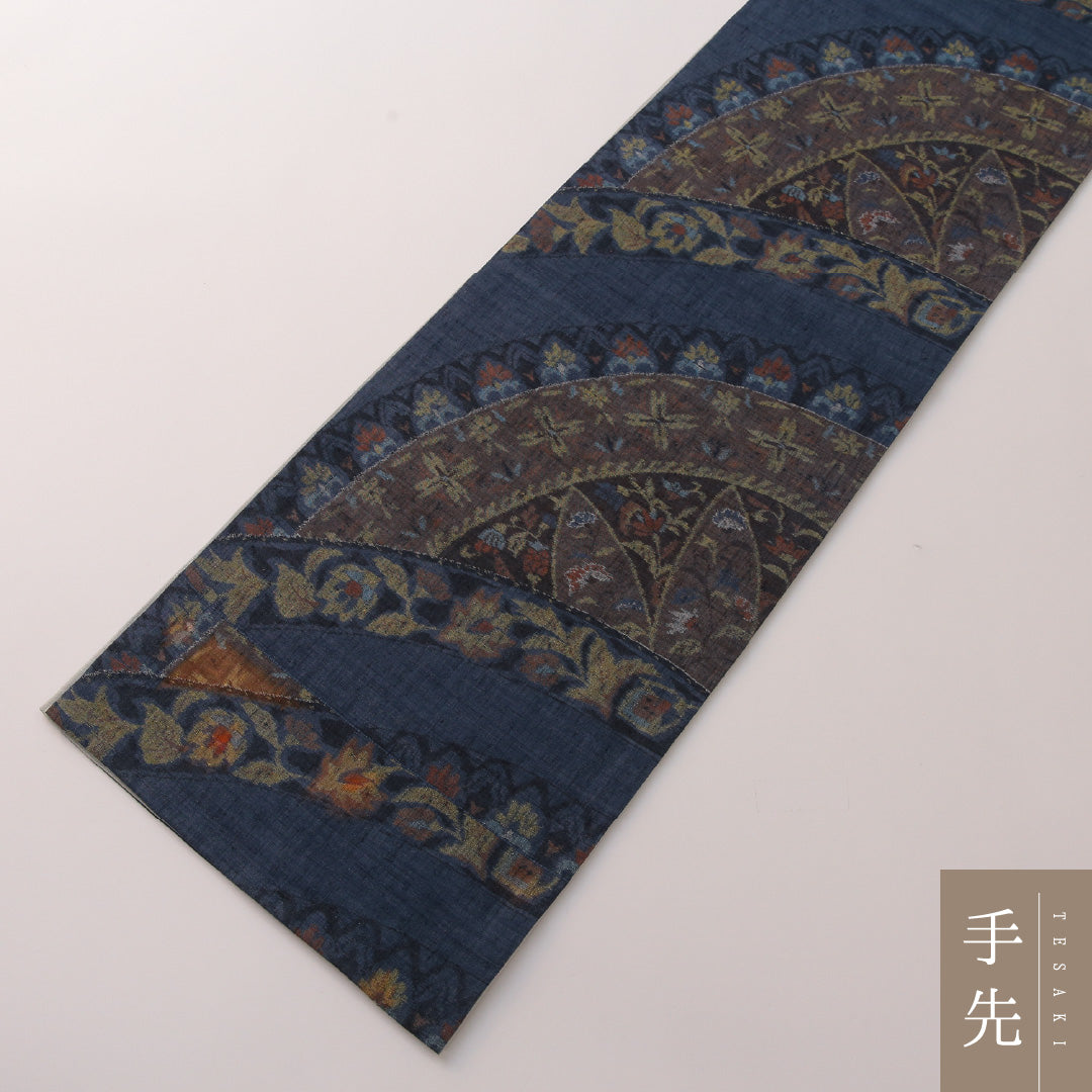 袋帯 帯丈440cm セミフォーマル 全通 帯芯なし Aランク 正絹 創作柄 ガード加工 紺系 多色系 1223-01905