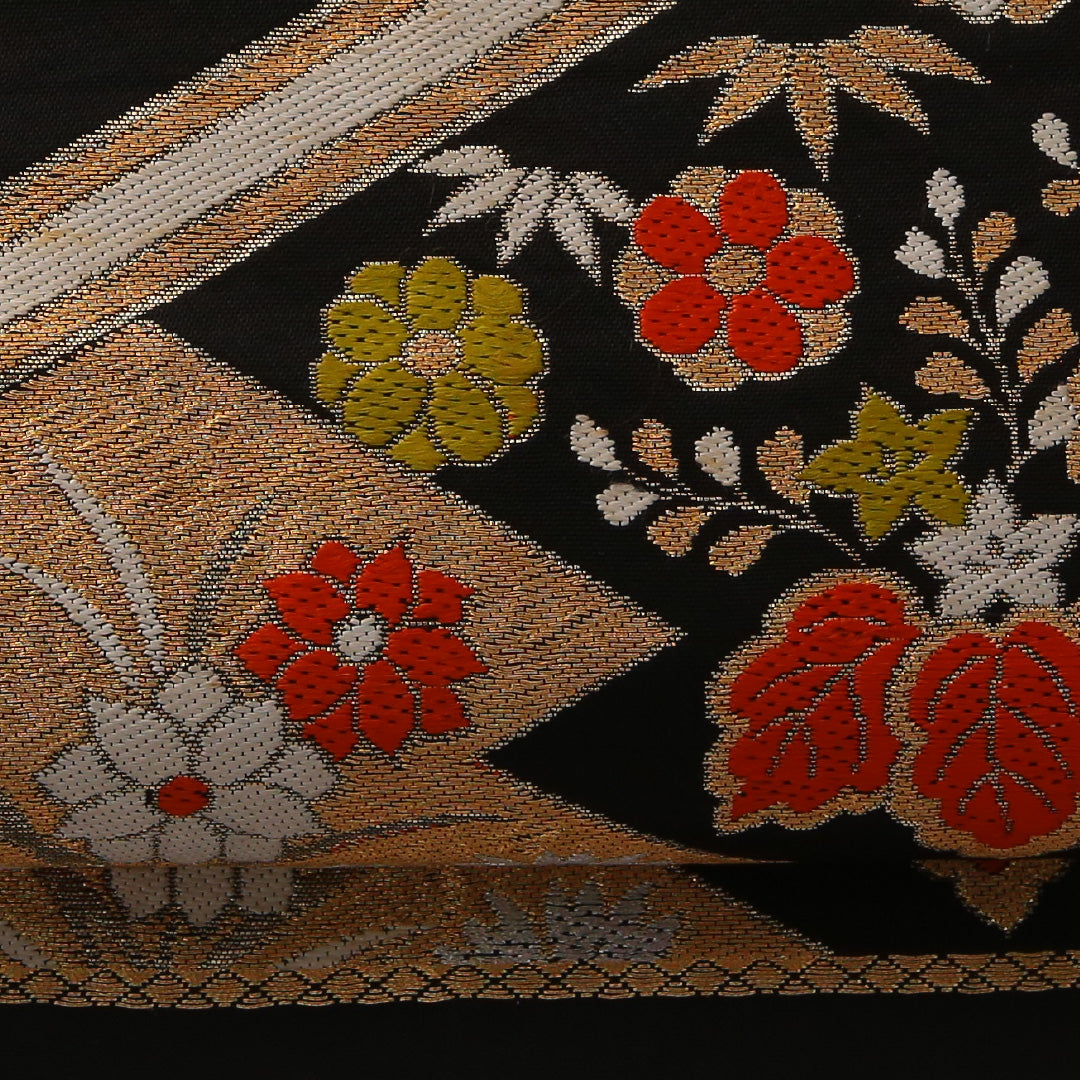 袋帯 帯丈412cm フォーマル 六通 未仕立て 帯芯なし Bランク 正絹 吉祥文様 松皮菱 黒系 金系 1223-01892