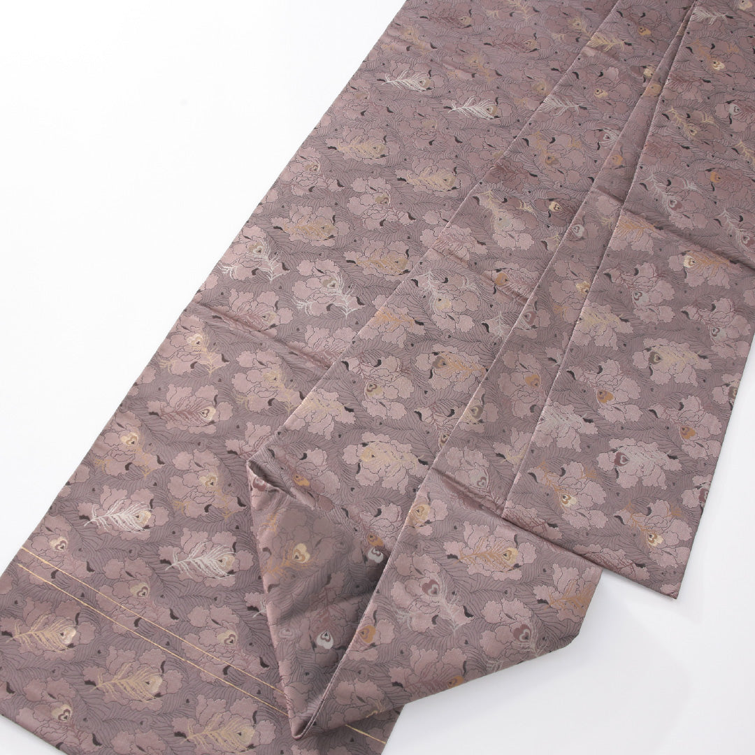 九寸名古屋帯 帯丈393cm インフォーマル 名古屋仕立て 全通 Sランク 正絹 孔雀の羽 紫系 1224-04176