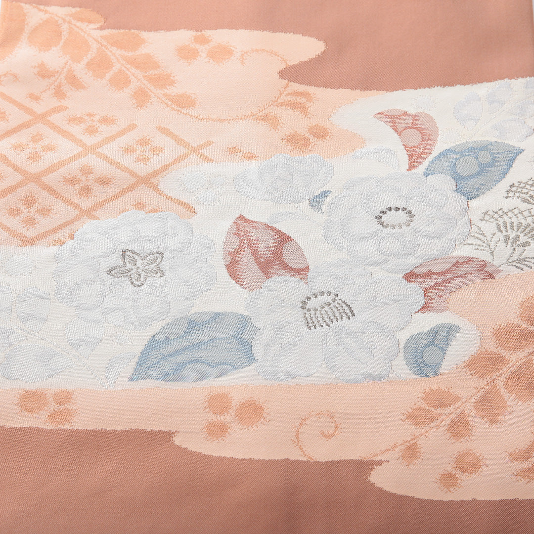 九寸名古屋帯 帯丈354cm インフォーマル 名古屋仕立て ポイント柄 Sランク 正絹 椿 ピンク系 朱系 1224-03920