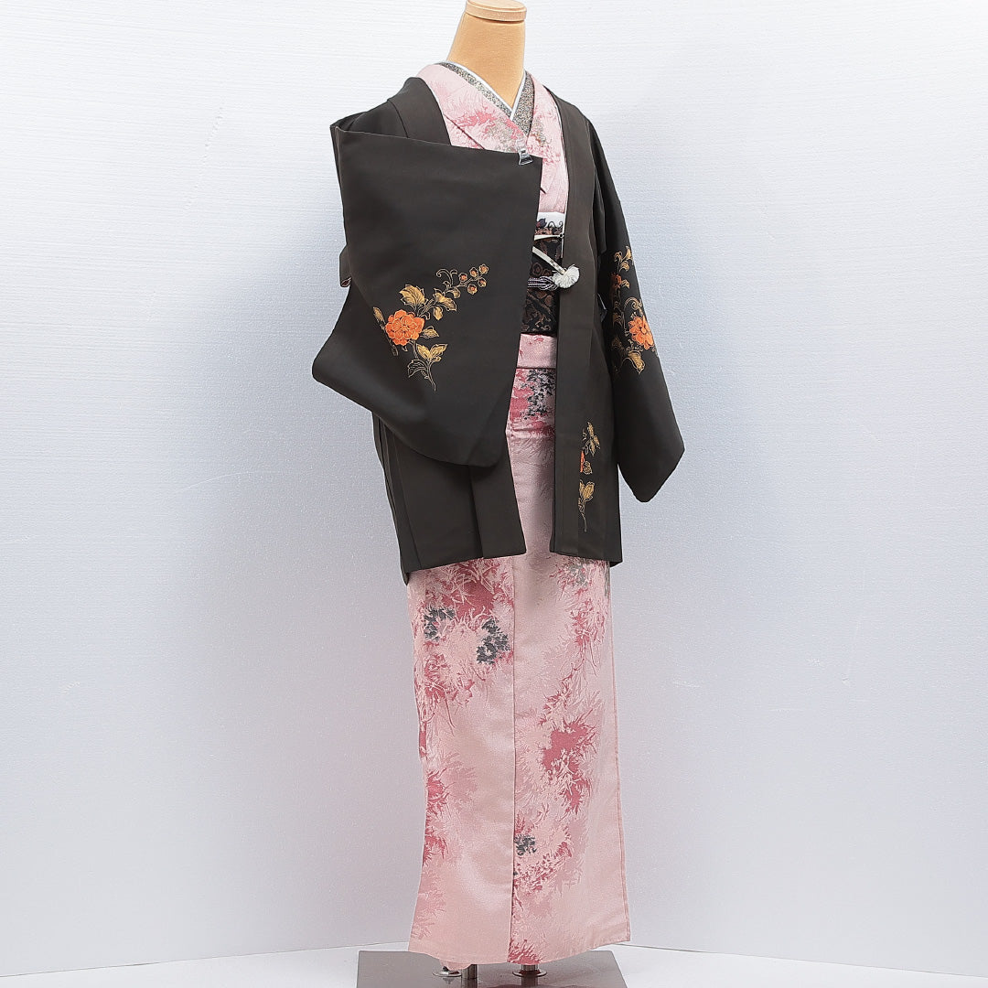 黒羽織 袷 身丈80cm 裄丈62cm 正絹 Sランク インフォーマル Sサイズ 紐あり 花柄 黒系 RP 1233-16138