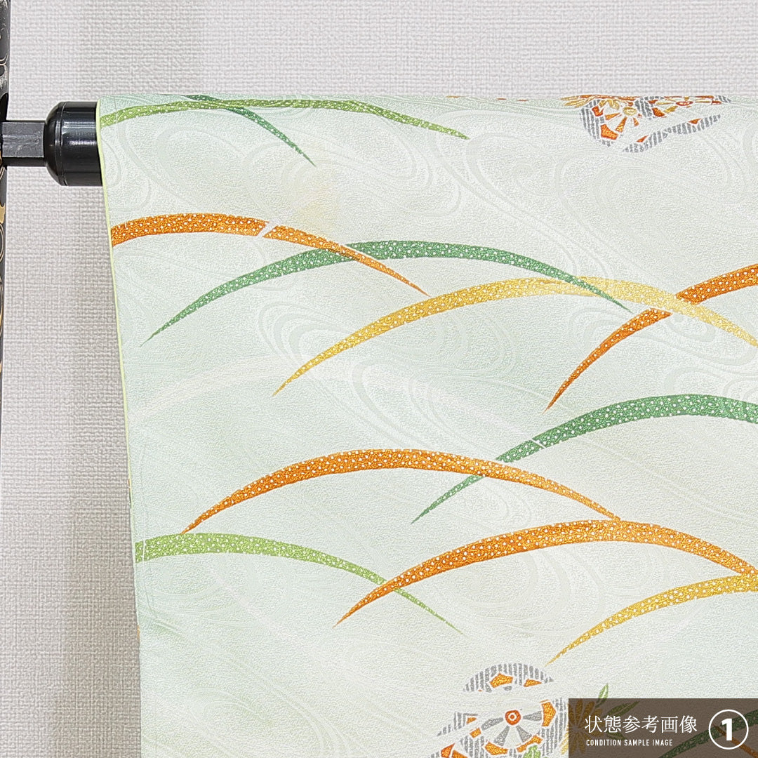 小紋 洗える着物 袷 身丈162cm 裄丈61cm ポリエステル Bランク Lサイズ 広衿 インフォーマル 源氏車 菊 緑系 1215-15806