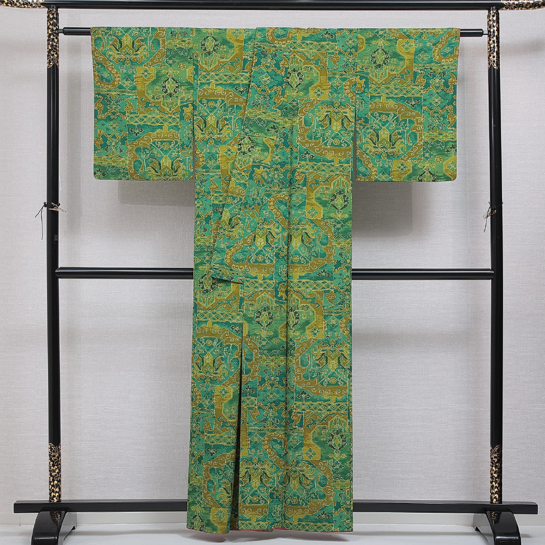 洗える着物 紬 袷 身丈159cm 裄丈62cm ポリエステル Aランク カジュアル 広衿 Mサイズ 創作柄 緑系 RP 1223-16391