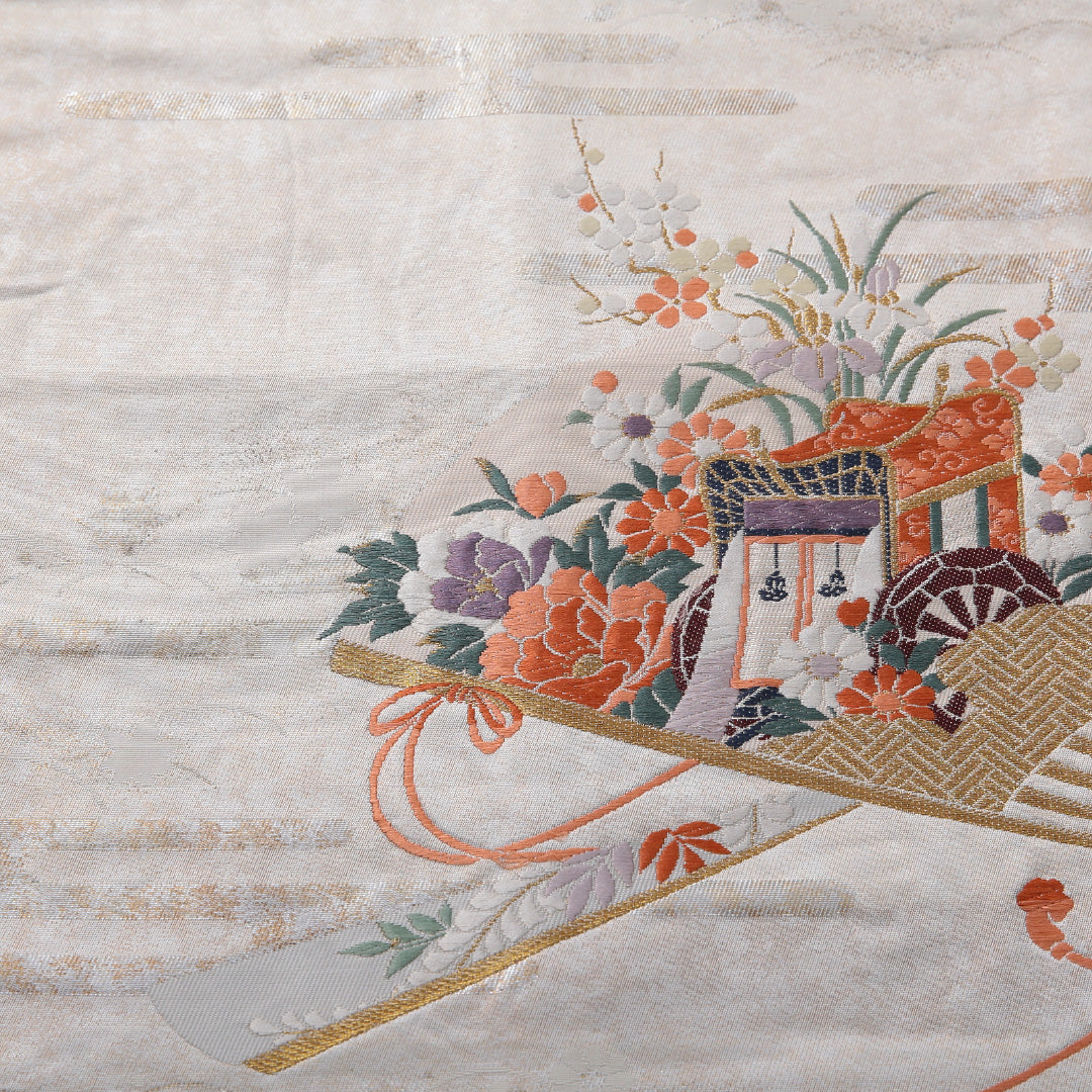 九寸名古屋帯 帯丈349cm セミフォーマル 名古屋仕立て ポイント柄 Cランク 正絹 花車 扇 クリーム系 1224-03641