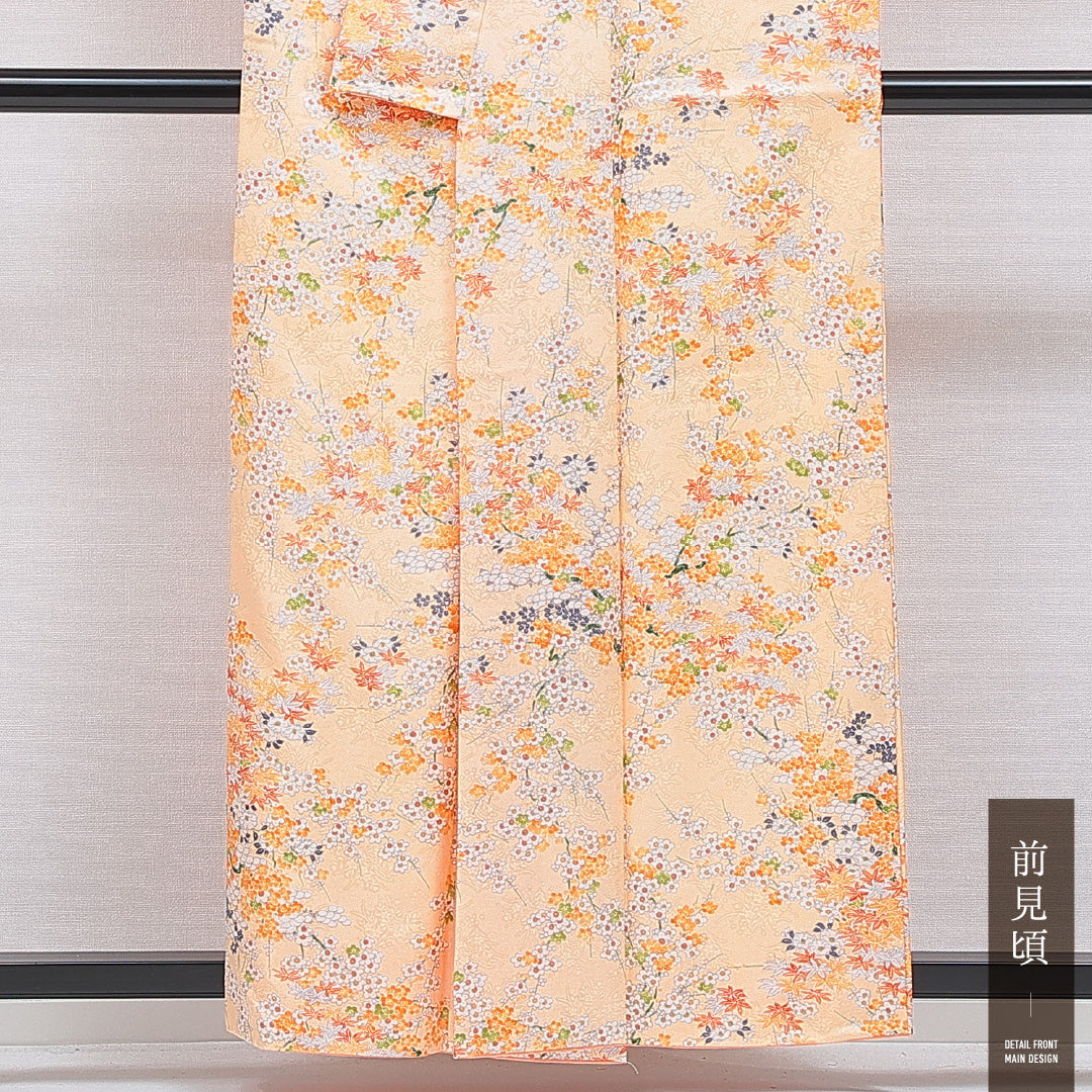 洗える着物 小紋 袷 身丈156cm 裄丈62cm ポリエステル Cランク インフォーマル 広衿 Mサイズ 梅 紅葉 朱系 LP 1221-16269