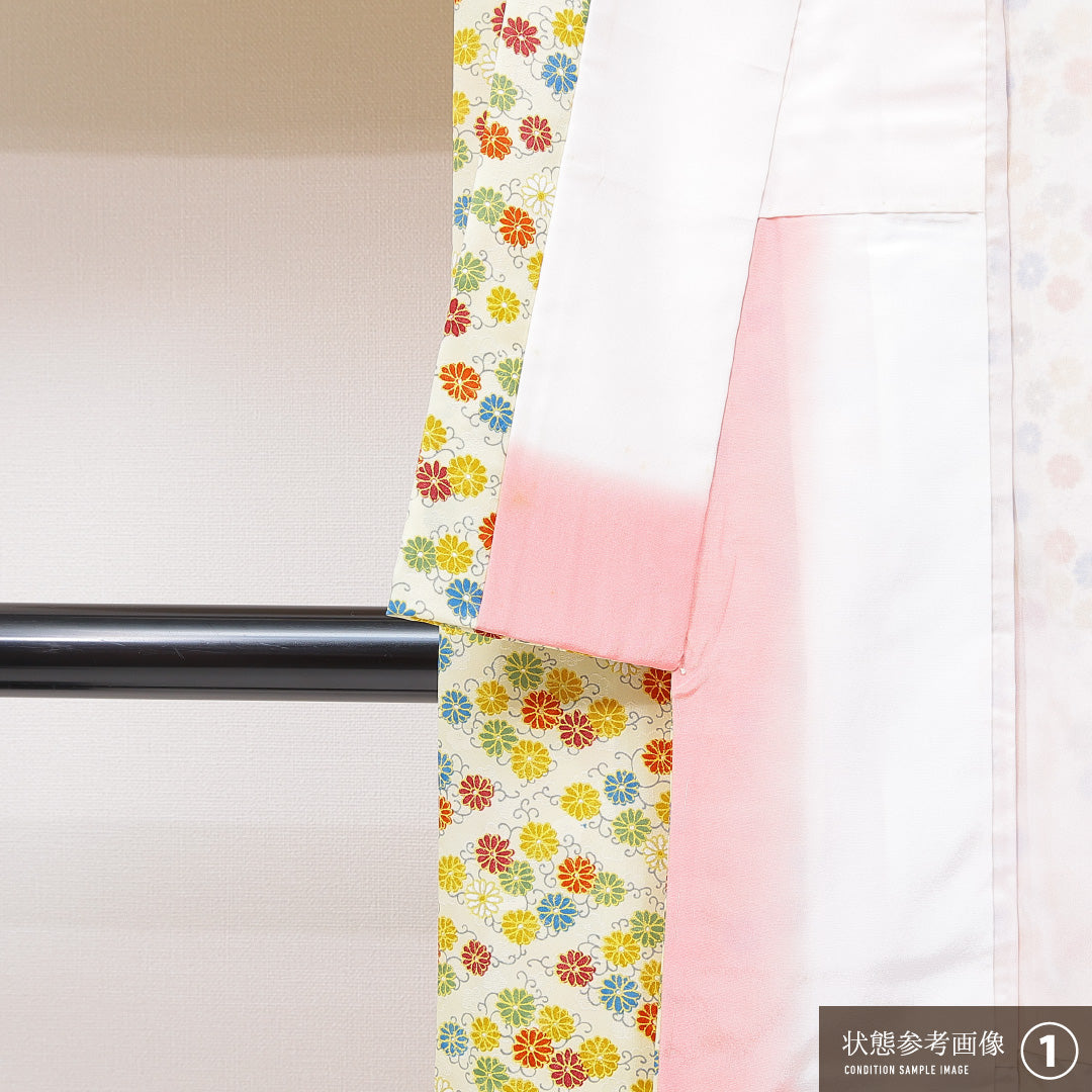 小紋 袷 身丈152cm 裄丈62cm 正絹 Sランク Sサイズ 広衿 インフォーマル 唐菊 クリーム系 1215-15104