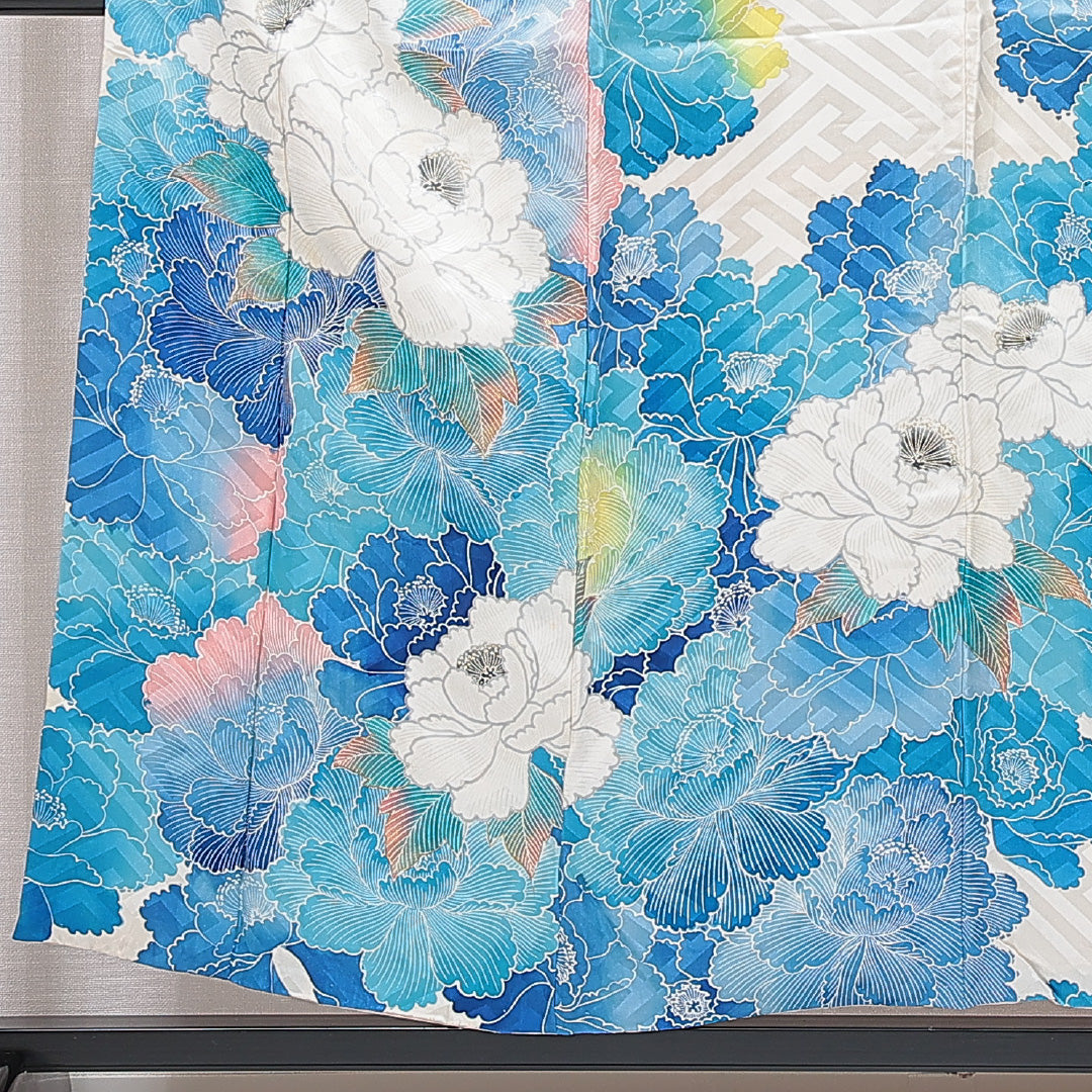 訪問着 袷 身丈154cm 裄丈63cm 正絹 Cランク Sサイズ 広衿 セミフォーマル 牡丹 金彩 クリーム系 水色系 1212-15755