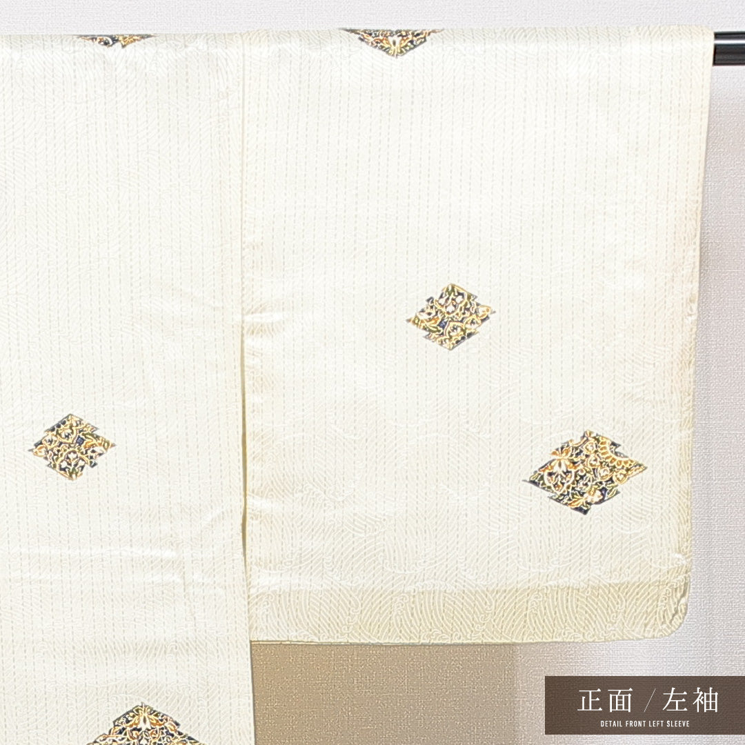 洗える着物 小紋 袷 身丈163cm 裄丈65cm ポリエステル Sランク インフォーマル 広衿 Lサイズ 松皮菱 花柄 黄系 RP 1221-16364