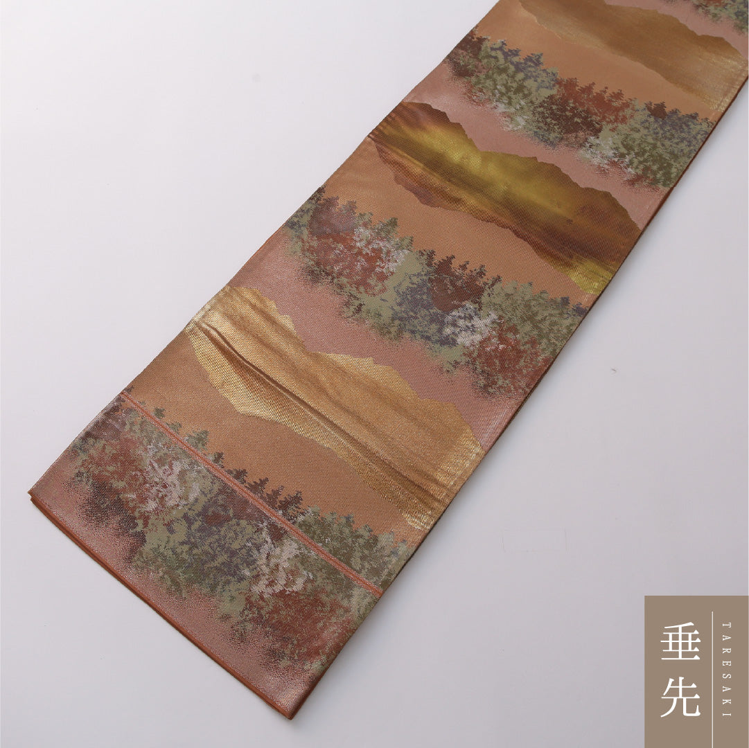 九寸名古屋帯 Aランク 帯丈412cm 正絹 六通 開き仕立て 織り セミフォーマル 遠山 木立 茶系・金系 M4 1245-03254