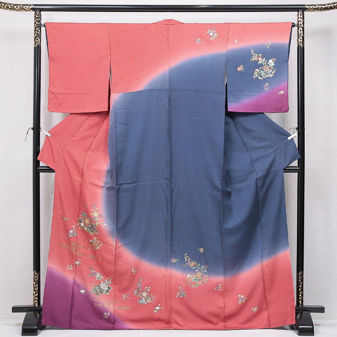 訪問着 袷 身丈169cm 裄丈64cm 正絹 Sランク セミフォーマル 広衿 XLサイズ 金駒刺繍 唐華 古典的 華やか 多色系 M4 1217-15096
