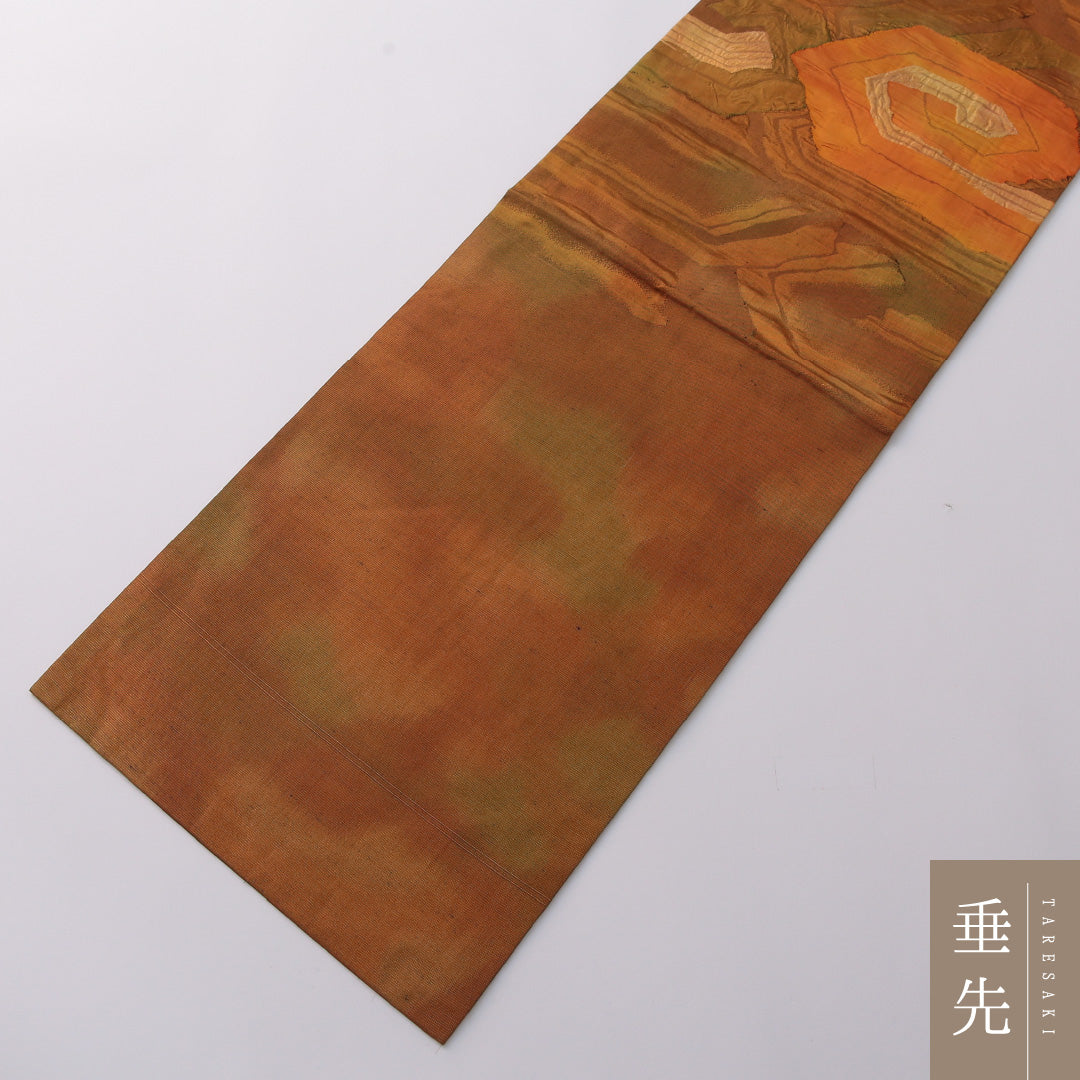 九寸名古屋帯(紬) 帯丈348cm カジュアル 名古屋仕立て ポイント柄 Sランク 正絹 ふくれ織 抽象柄 茶系 1224-03200