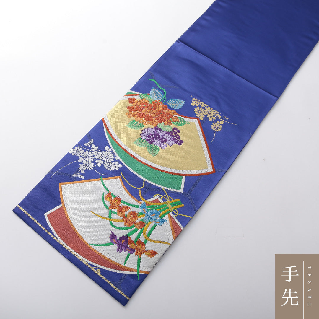 新古品 袋帯 帯丈432cm フォーマル 六通 Nランク 正絹 唐織 扇 紫陽花 しつけ糸 朱系 1223-02081