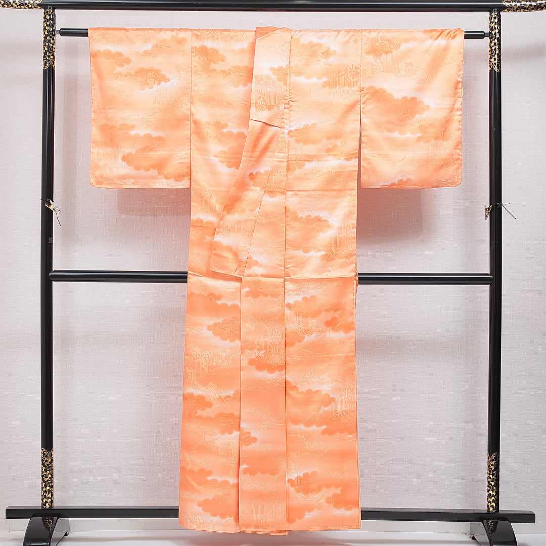 色無地 洗える着物 袷 身丈156cm 裄丈64cm ポリエステル Sランク Mサイズ 広衿 インフォーマル 紋意匠 古典柄 朱系 1214-16024