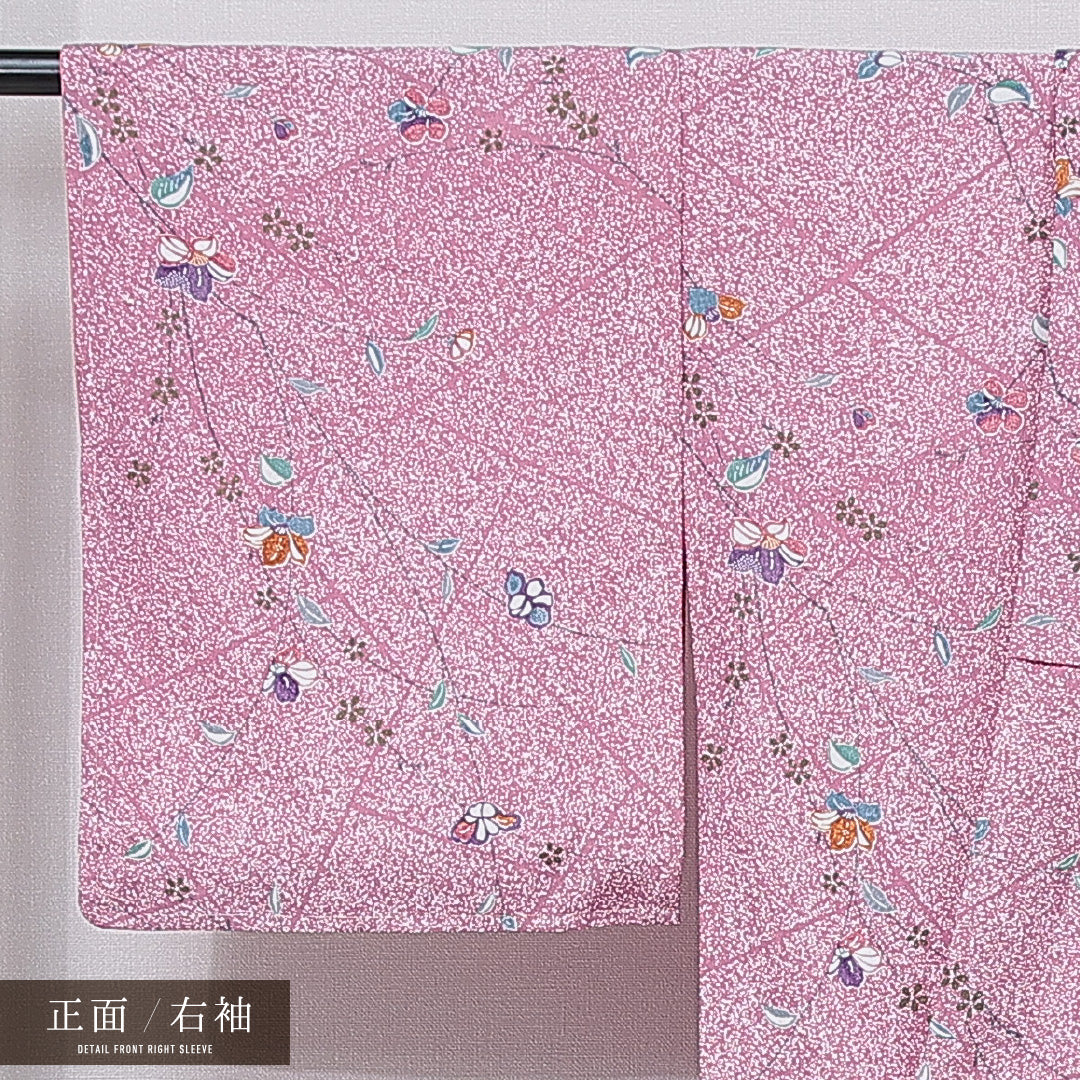 小紋 洗える着物 袷 身丈163cm 裄丈66cm ポリエステル Aランク Lサイズ 広衿 インフォーマル 桜 ピンク系 1215-15795