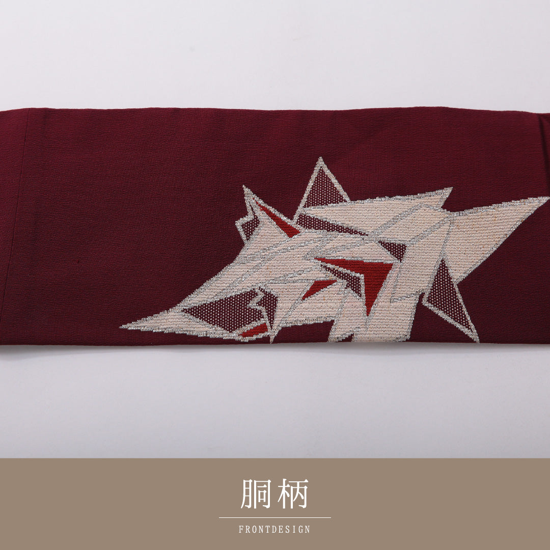 九寸名古屋帯 帯丈345cm カジュアル 名古屋仕立て ポイント柄 Cランク 正絹 創作柄 紫系 赤系 1224-03610