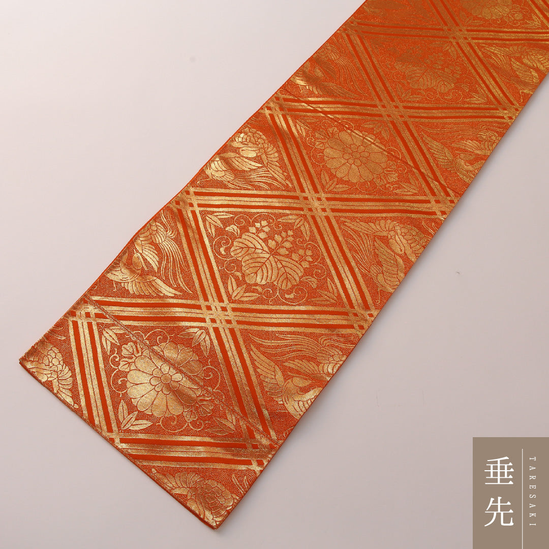 袋帯 帯丈426cm 正絹 六通 帯芯なし フォーマル 格天井 鳳凰 朱系 1243-01909