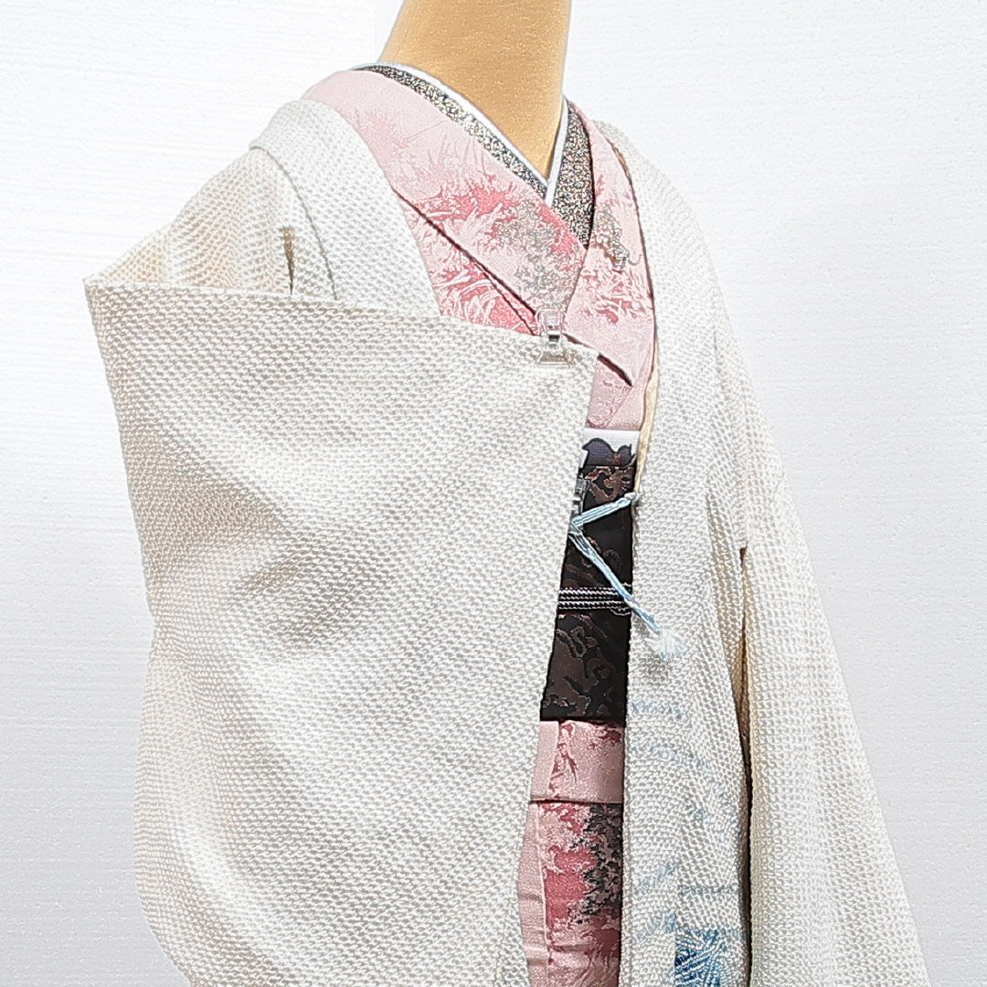 羽織 袷 身丈83cm 裄丈65cm 正絹 Cランク カジュアル Mサイズ 紐あり 笹 クリーム系 HP 1232-16836