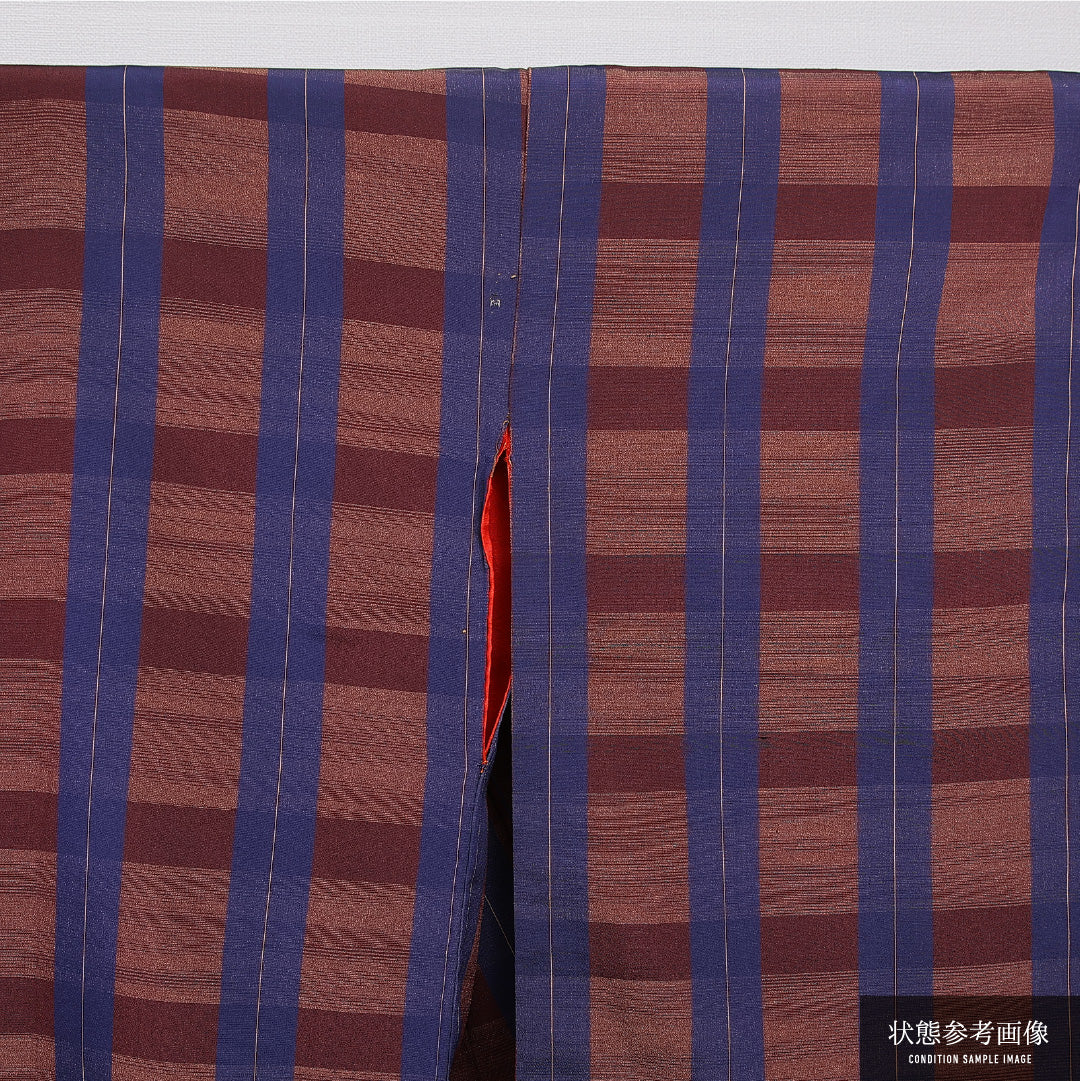 アンティーク 小紋 袷 身丈155cm 裄丈63cm 正絹 Dランク Mサイズ 広衿 格子 茶系 青系 1215-15576