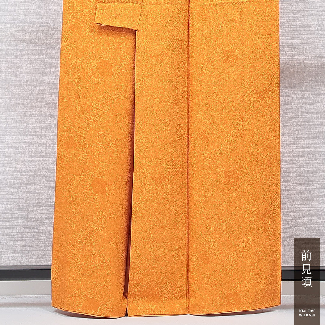 色無地 袷 身丈159cm 裄丈66cm 正絹 Sランク 一つ紋 (丸に梅鉢) 紋意匠 (葉) セミフォーマル 広衿 Mサイズ 堅牢染 ガード加工 証紙 無地 黄系 RP 1219-15701