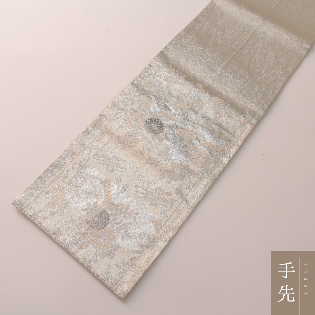 袋帯 帯丈424cm フォーマル 六通 Cランク 正絹 菊 桐 白系 銀系 1223-01916