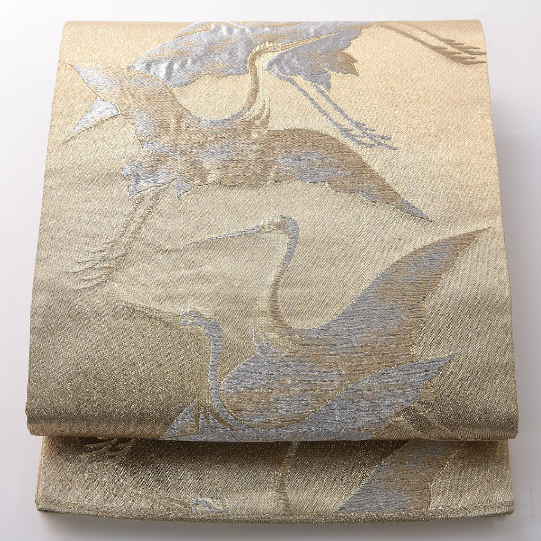 袋帯 帯丈424cm フォーマル 六通 Aランク 正絹 引箔 鶴 金系 1223-02121