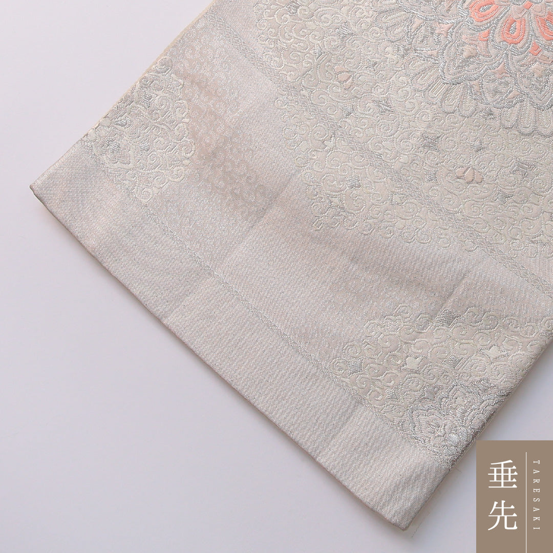 袋帯 帯丈432cm 正絹 六通 フォーマル 宝相華 古典柄 白系 銀系 1243-01970