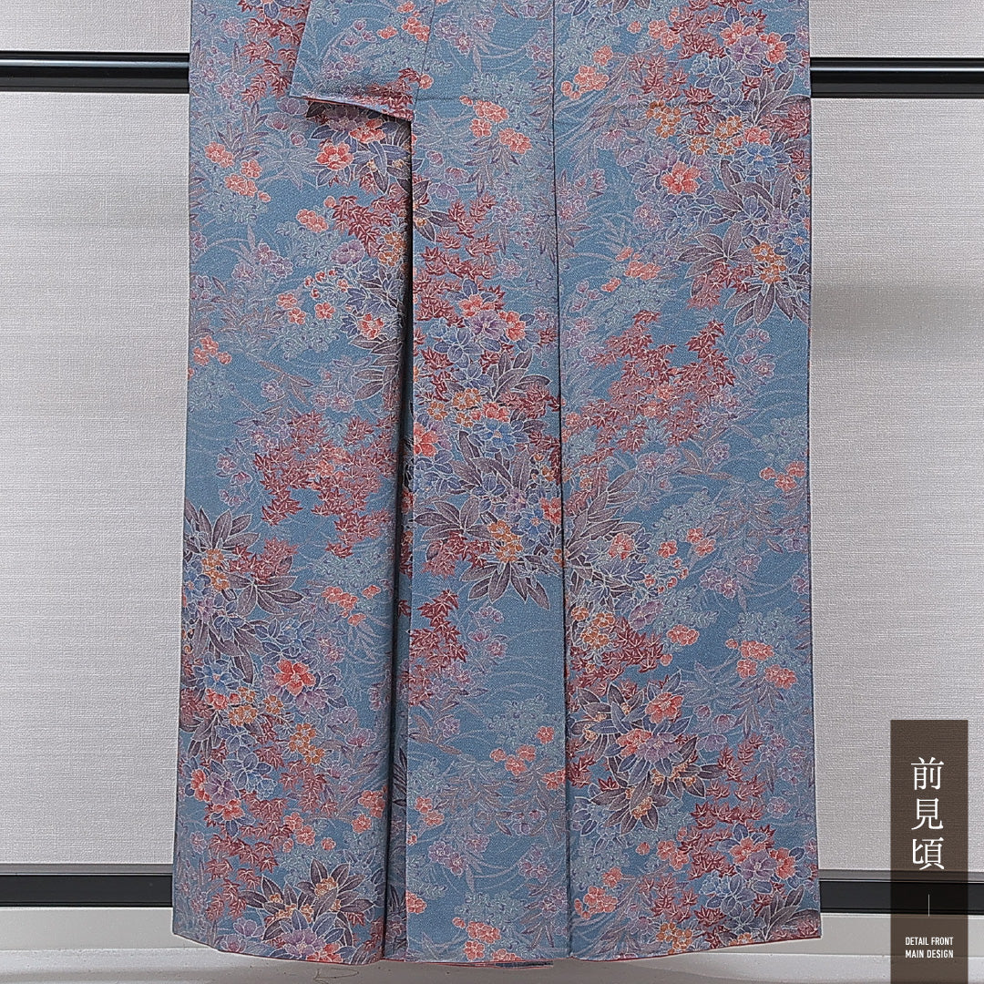 小紋 袷 身丈154cm 裄丈63cm 正絹 Sランク インフォーマル 広衿 Sサイズ 桜 紅葉 青系 RP 1221-15597