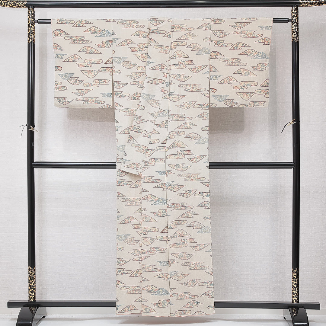 小紋 袷 身丈157cm 裄丈60cm 正絹 Aランク インフォーマル 広衿 Mサイズ 古典柄 グレー系 RP 1221-15218